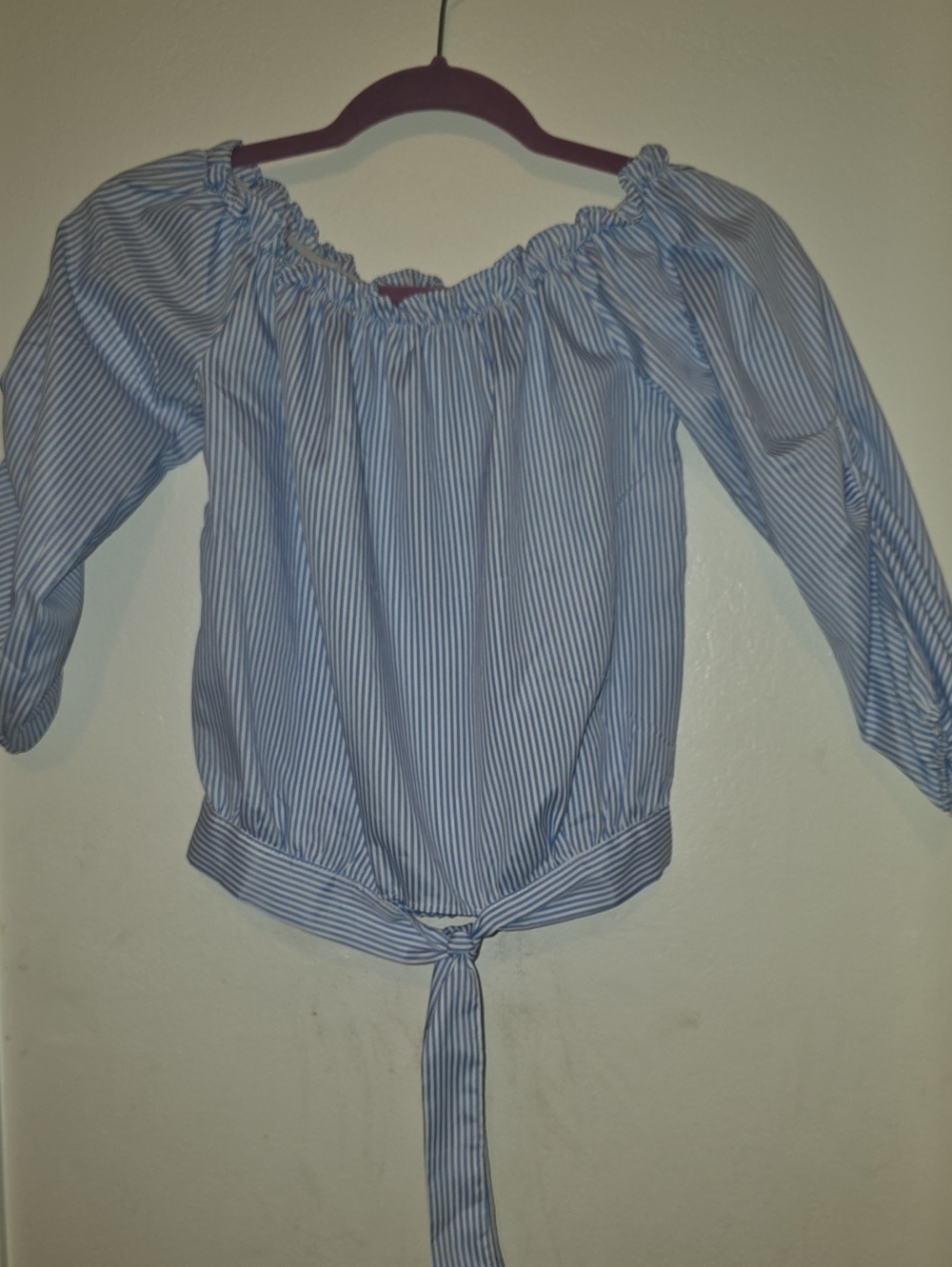 Striped Off-Shoulder Tie-Front Women's Top - Light Blue